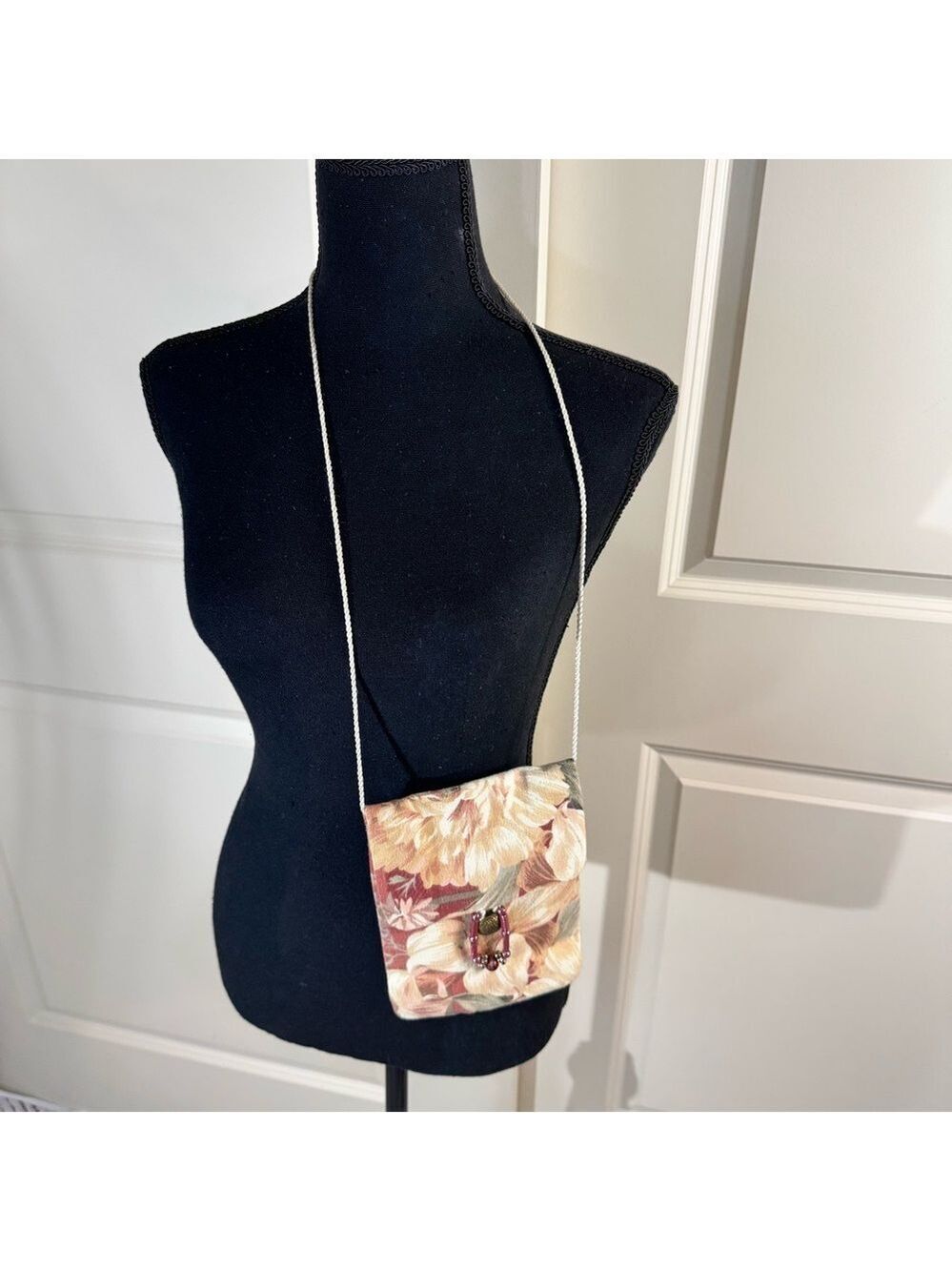 Artisan Unique Crossbody Phone Bag in Pink, Green and Red Floral Fabric